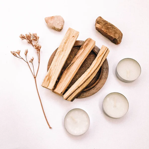 Doğal tütsü, Beyaz Bilge ve Palo Santo. Güney Amerika 'nın kutsal ağacı, renkli kare fotoğraf. Beyaz bilge ve beyaz arka planda Palo Santo.. 