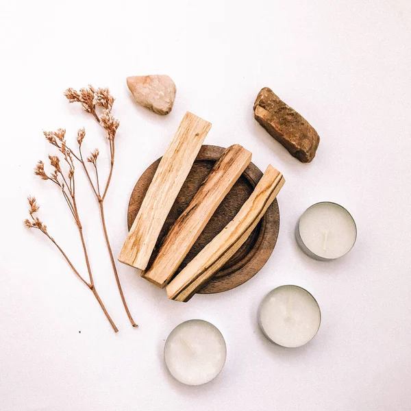 Doğal tütsü, Beyaz Bilge ve Palo Santo. Güney Amerika 'nın kutsal ağacı, renkli kare fotoğraf. Beyaz bilge ve beyaz arka planda Palo Santo.. 