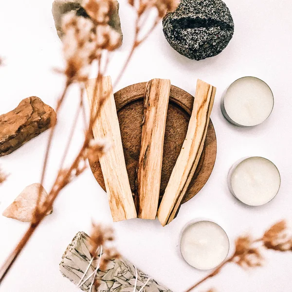 Doğal tütsü, Beyaz Bilge ve Palo Santo. Güney Amerika 'nın kutsal ağacı, renkli kare fotoğraf. Beyaz bilge ve beyaz arka planda Palo Santo.. 