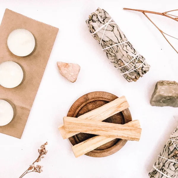 Doğal tütsü, Beyaz Bilge ve Palo Santo. Güney Amerika 'nın kutsal ağacı, renkli kare fotoğraf. Beyaz bilge ve beyaz arka planda Palo Santo.. 