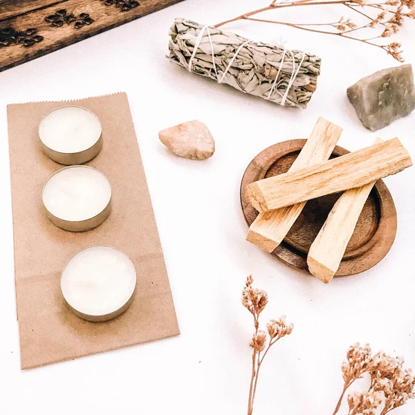 Doğal tütsü, Beyaz Bilge ve Palo Santo. Güney Amerika 'nın kutsal ağacı, renkli kare fotoğraf. Beyaz bilge ve beyaz arka planda Palo Santo.. 