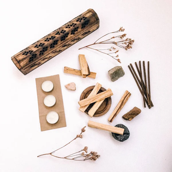 Doğal tütsü, Beyaz Bilge ve Palo Santo. Güney Amerika 'nın kutsal ağacı, renkli kare fotoğraf. Beyaz bilge ve beyaz arka planda Palo Santo.. 