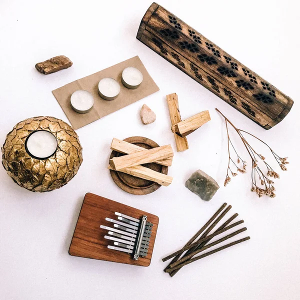 Doğal tütsü, Beyaz Bilge ve Palo Santo. Güney Amerika 'nın kutsal ağacı, renkli kare fotoğraf. Beyaz bilge ve beyaz arka planda Palo Santo.. 