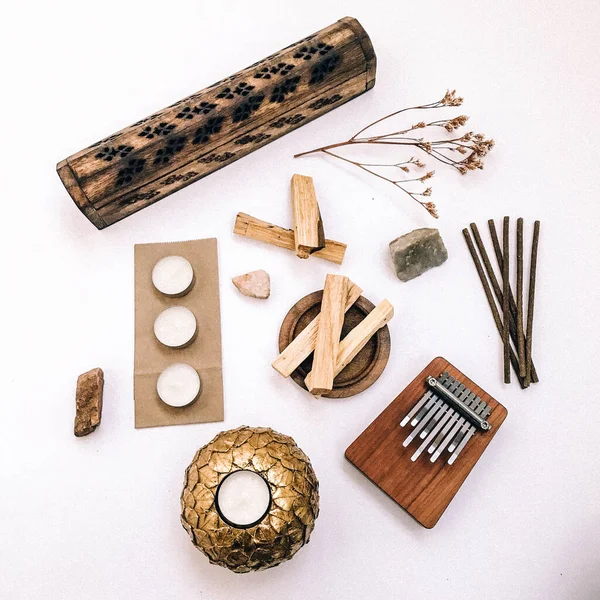 Doğal tütsü, Beyaz Bilge ve Palo Santo. Güney Amerika 'nın kutsal ağacı, renkli kare fotoğraf. Beyaz bilge ve beyaz arka planda Palo Santo.. 