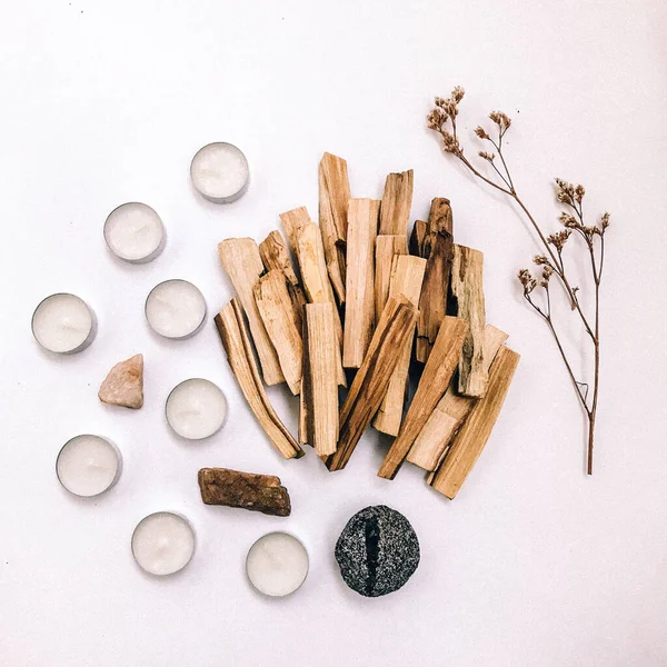 Doğal tütsü, Beyaz Bilge ve Palo Santo. Güney Amerika 'nın kutsal ağacı, renkli kare fotoğraf. Beyaz bilge ve beyaz arka planda Palo Santo.. 