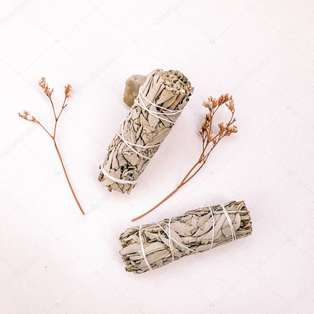 Natural incense White Sage and Palo Santo. Sacred tree of South America, color square photo.White Sage and Palo Santo on white background. 