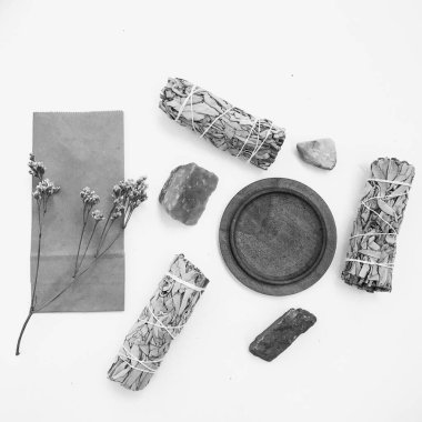 Doğal tütsü, Beyaz Bilge ve Palo Santo. Güney Amerika 'nın kutsal ağacı. Beyaz bilge ve Palo Santo beyaz arka planda.. 