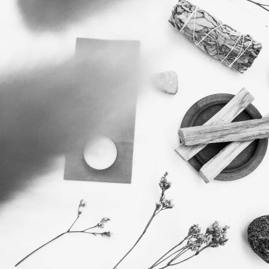 Doğal tütsü, Beyaz Bilge ve Palo Santo. Güney Amerika 'nın kutsal ağacı. Beyaz bilge ve Palo Santo beyaz arka planda.. 