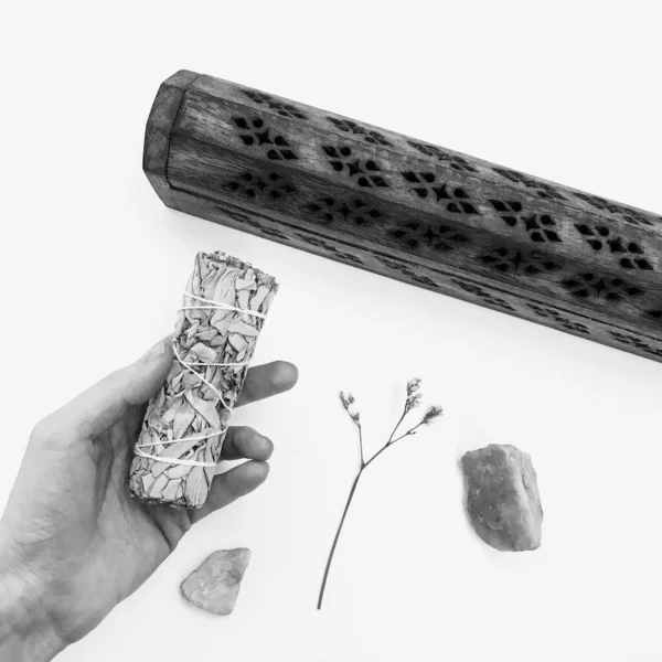 Doğal tütsü, Beyaz Bilge ve Palo Santo. Güney Amerika 'nın kutsal ağacı. Beyaz bilge ve Palo Santo beyaz arka planda.. 