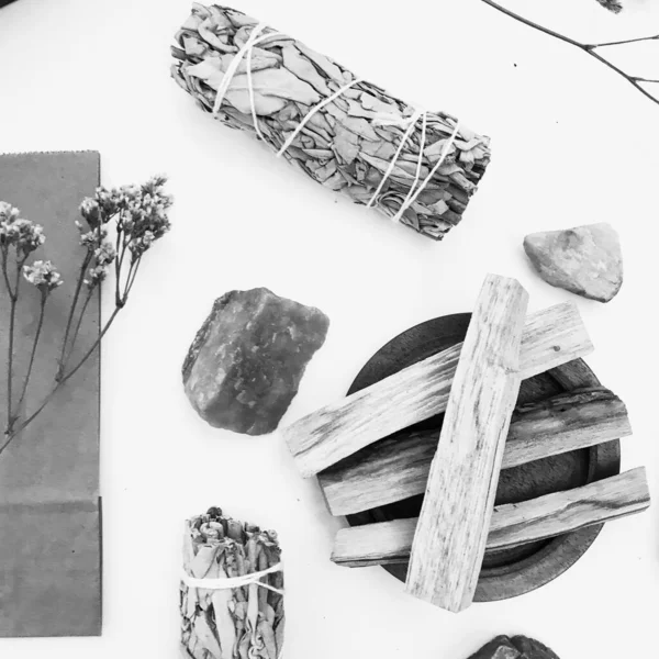 Doğal tütsü, Beyaz Bilge ve Palo Santo. Güney Amerika 'nın kutsal ağacı. Beyaz bilge ve Palo Santo beyaz arka planda.. 