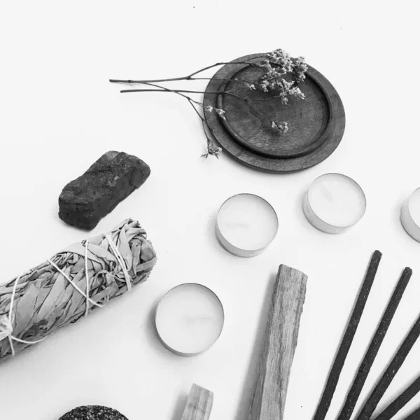 Doğal tütsü, Beyaz Bilge ve Palo Santo. Güney Amerika 'nın kutsal ağacı. Beyaz bilge ve Palo Santo beyaz arka planda.. 