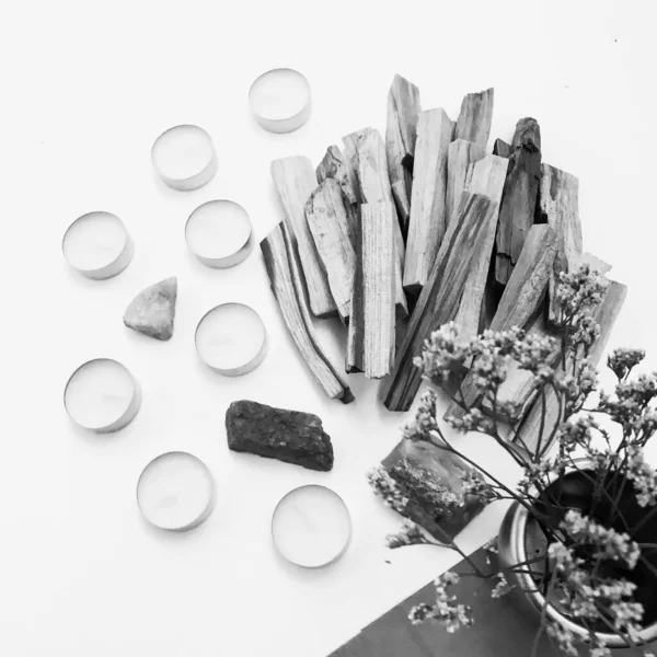 Natural incense White Sage and Palo Santo. Sacred tree of South America.White Sage and Palo Santo on white background.