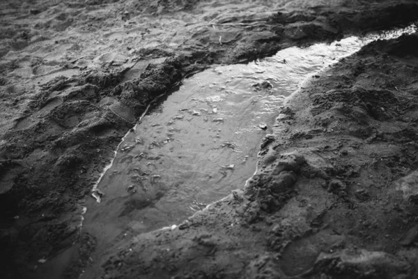 ビーチの自然な砂の質感 ビーチの砂の中を流れる水で作られたブランド 抽象的な写真の砂のテクスチャ 抽象的な自然主義 抽象から比喩へ — ストック写真