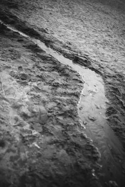 海滩的天然沙质 水在沙滩上流淌而形成的品牌 抽象摄影沙质 抽象自然主义 从抽象到具象 — 图库照片