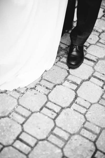 Czarno Białe Zdjęcie Ślubne Spacer Ślubny Męża Żony — Zdjęcie stockowe