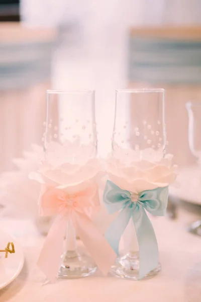 champagne glasses on table, wedding bar