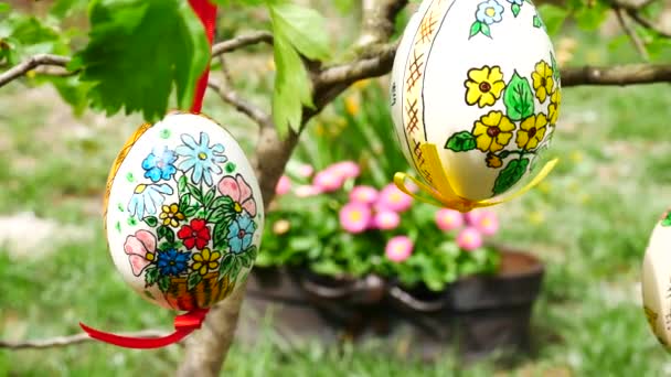 Œufs de Pâques accrochés à la brindille dans le jardin. Panoramique. Mise au point rack .