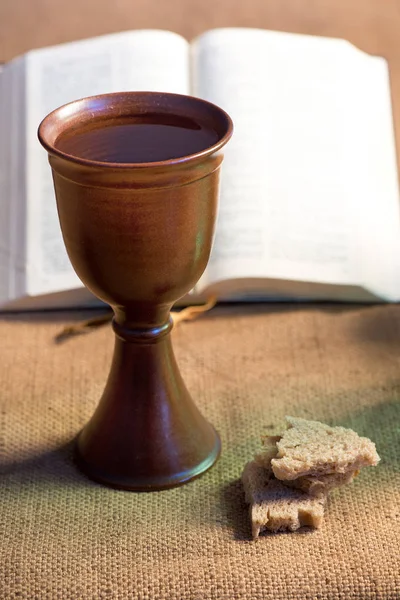 Chalice Wine Bread Holy Bible — Stock Photo, Image