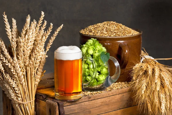 Glass of beer with raw material for beer production