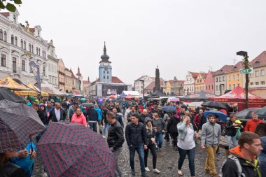 Zatec, Çek Cumhuriyeti - 1 Ağustos, 2018: 61 Hop Festivali kutlamaları insanlara. Bütün gün yağmurlu hava oldu. 