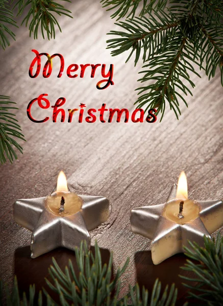 Kerstmis Achtergrond Met Kaarsen Schrijven Merry Christmas — Stockfoto