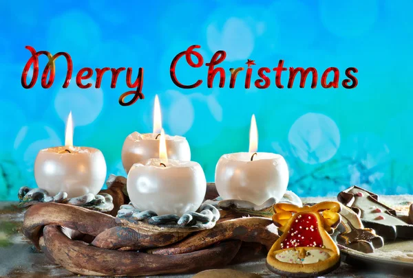 Couronne Avent Avec Des Bougies Brûlantes Texte Joyeux Noël — Photo