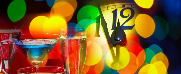 Face New Year Clock Glasses Wine — Stock Photo, Image