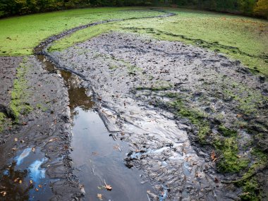 Petrol ve çamur ile kontamine boş gölet.