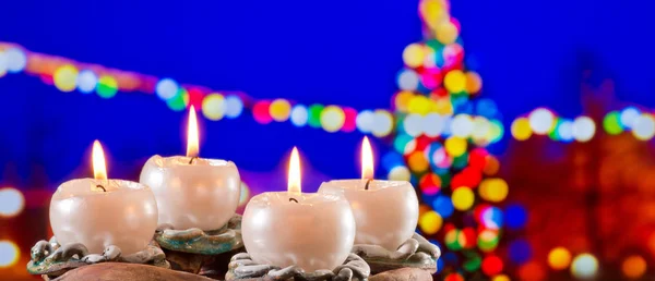 Advent Wreath Burning Candles Front Christmas Tree — Stock Photo, Image