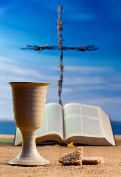 Offene Bibel Mit Kelch Aus Wein Und Kreuz — Stockfoto