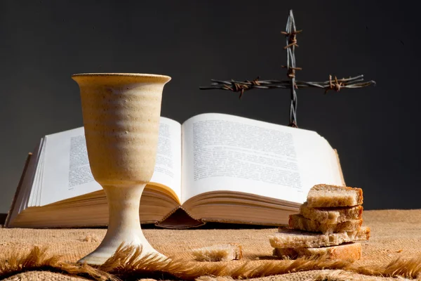 Открытая Библия Чашей Вина Крестом — стоковое фото