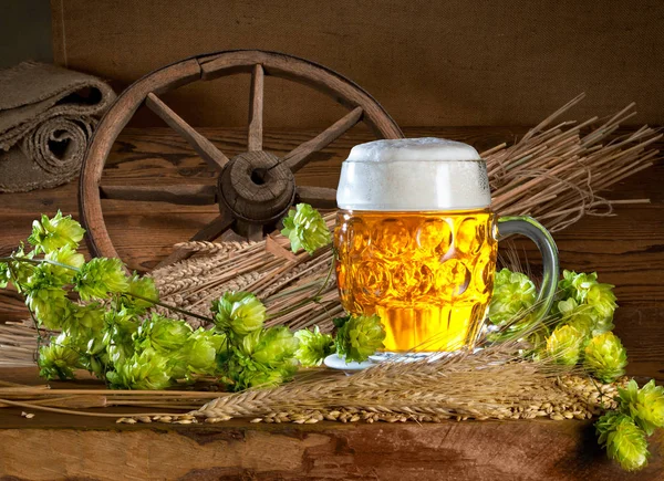 Natura Morta Con Birra Luppolo Orzo Nel Vecchio Fienile — Foto Stock