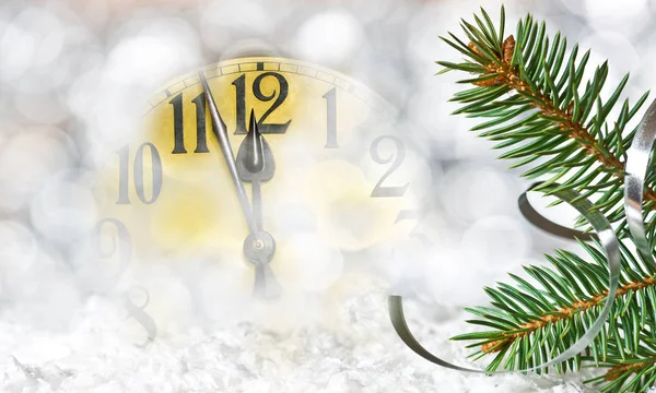 Detalle Esfera Del Reloj Ramita Navidad Antes Medianoche — Foto de Stock