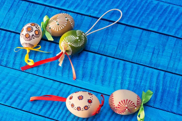 Painted Easter Eggs Blue Table — Stock Photo, Image