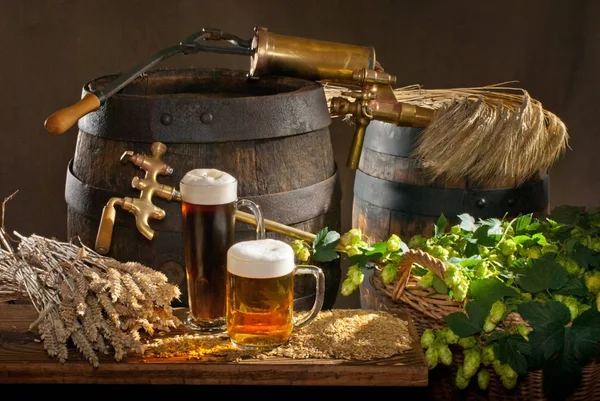 Bodegón Con Vasos Cerveza Materia Prima Para Producción Cerveza — Foto de Stock