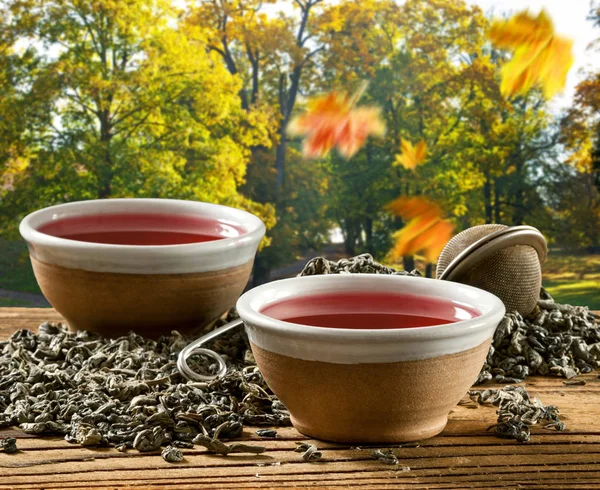 Dwie Filiżanki Herbaty Jesień Krajobraz — Zdjęcie stockowe