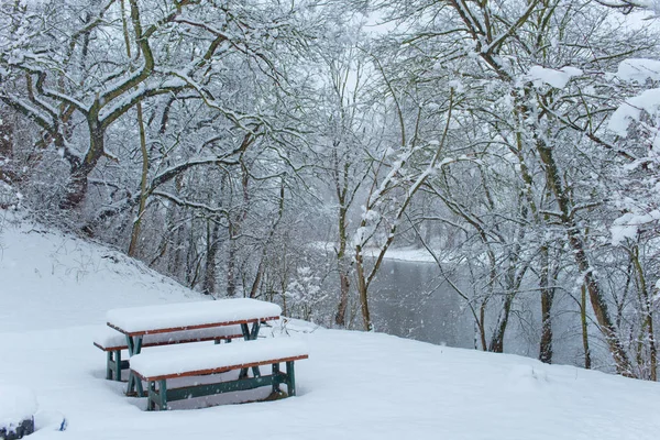 Panchine Sotto Neve Nel Paesaggio Invernale — Foto Stock