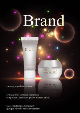 Vektör gerçekçi kozmetik reklamları poster. Akıllı gece cilt bakımı kozmetik buğday kollajen Dna sarmalının ile koyu arka plan kulaklara yanındaki ile. Cilt güzellik, parlak dergi, katalog için alay etmek için ürün