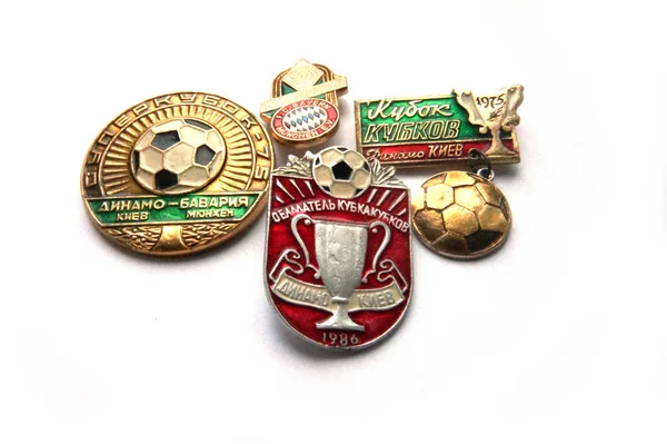 Sportjelvény Futballjelvény Piros Jelvény Arany Jelvény Fehér Háttér Közelkép Lenin — Stock Fotó