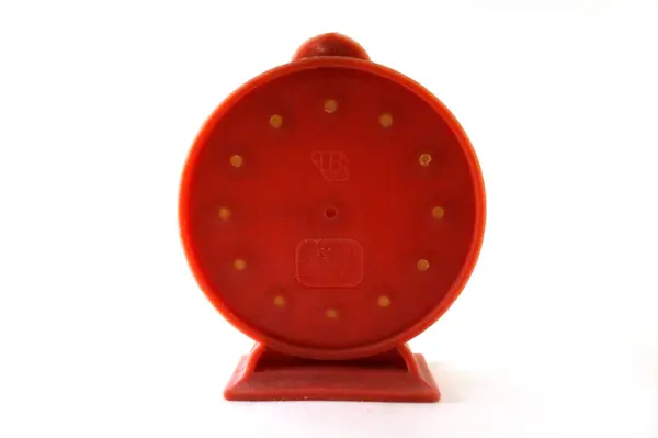 Juguete Para Niños Acercamiento Fondo Blanco Reloj Reloj Rojo Amarillo —  Fotos de Stock