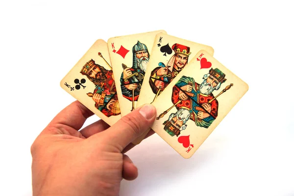 Vintage oyun kağıtları, oyun kağıtları, elinde iskambil kartları, el, parmak, vintage resimleri, ace, joker, beyaz arka plan, yakın çekim, birçok oyun kağıtları, Sovyet vintage, SSCB, sap kafası stok görüntü, Nostalgishop, Nostalgishop IMAG