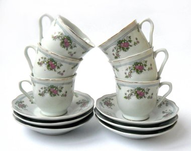 Bardak, daireler, kahve bardağı, çay, beyaz fincan, porselen bardak, model, çiçek desenli, antika porselen, ihale desen, Sovyet vintage, SSCB, antika Kupası, Cafe dekorasyonu, duvar dekorasyonu, set, çay seti, sap kafası stok görüntü, Nostalgishop