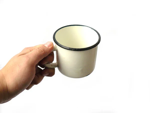 Enameled Vintage Mug Hand Mug Hand White Mug White Enamel — Stock Photo, Image