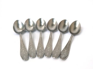 Melchior kaşık, kahve kaşık, set kaşık, altın rengi, çorba kaşıkları, Öğle Yemeği, çay, çay partisi. Sap kafası stok görüntü, SSCB, beyaz arka plan, yakın çekim, sap kafası stok görüntü, Nostalgishop