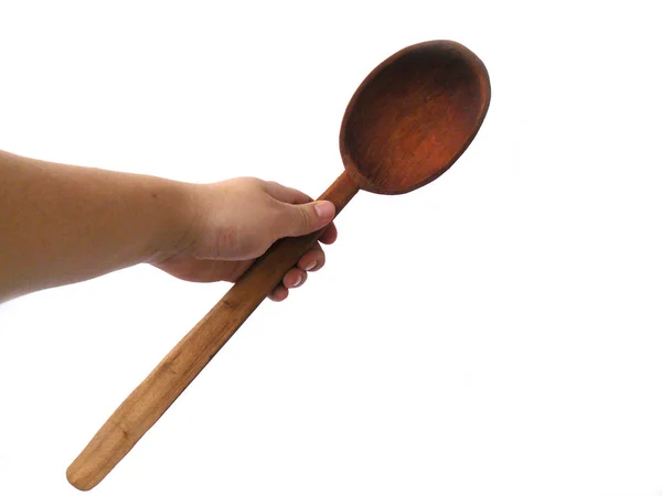 Vintage Wooden Spoon Russian Antiquity Spoon Hand Hand Fingers Soviet — Stock Photo, Image