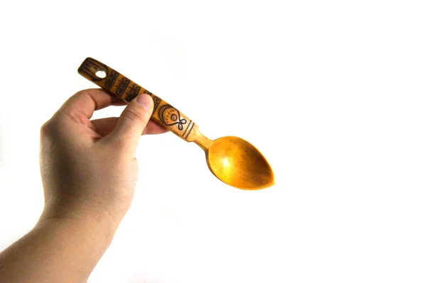 Vintage Wooden Spoon Russian Antiquity Spoon Hand Hand Fingers Soviet — Stock Photo, Image