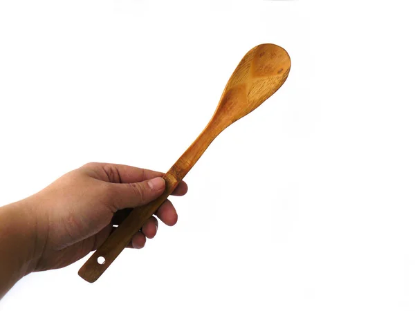 Köksutrustning Woodenspoon Handen Träslev Kök Spatel Köksredskap För Matlagning Spindelhuset — Stockfoto