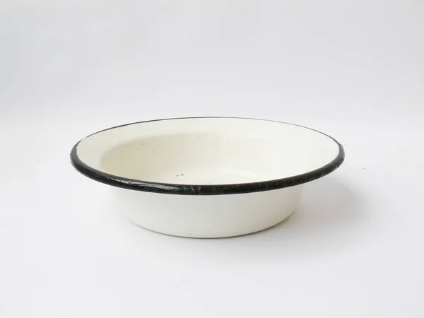 Bowl Metal Bowl Enameled Bowl White Bowl Soviet Bowl Soviet — Stock Photo, Image