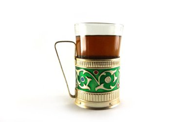 Çay bardak Cam tutucu, metal cam tutucu, granyonyi stakan, vintage Cam tutucu. Beyaz arka plan, yakın çekim, SSCB, Sovyet vintage, sap kafası stok görüntü, Nostalgishop