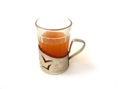 Çay bardak Cam tutucu, metal cam tutucu, granyonyi stakan, vintage Cam tutucu. Beyaz arka plan, yakın çekim, SSCB, Sovyet vintage, sap kafası stok görüntü, Nostalgishop